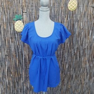 Motherhood Blue Belted short sleeve scoop neck top